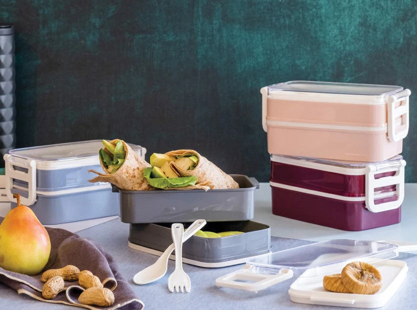 Aqua Lunch Box 2 seperate trays with cutlery