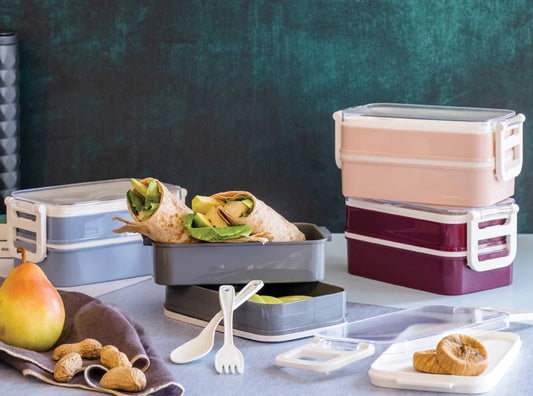Aqua Lunch Box 2 seperate trays with cutlery
