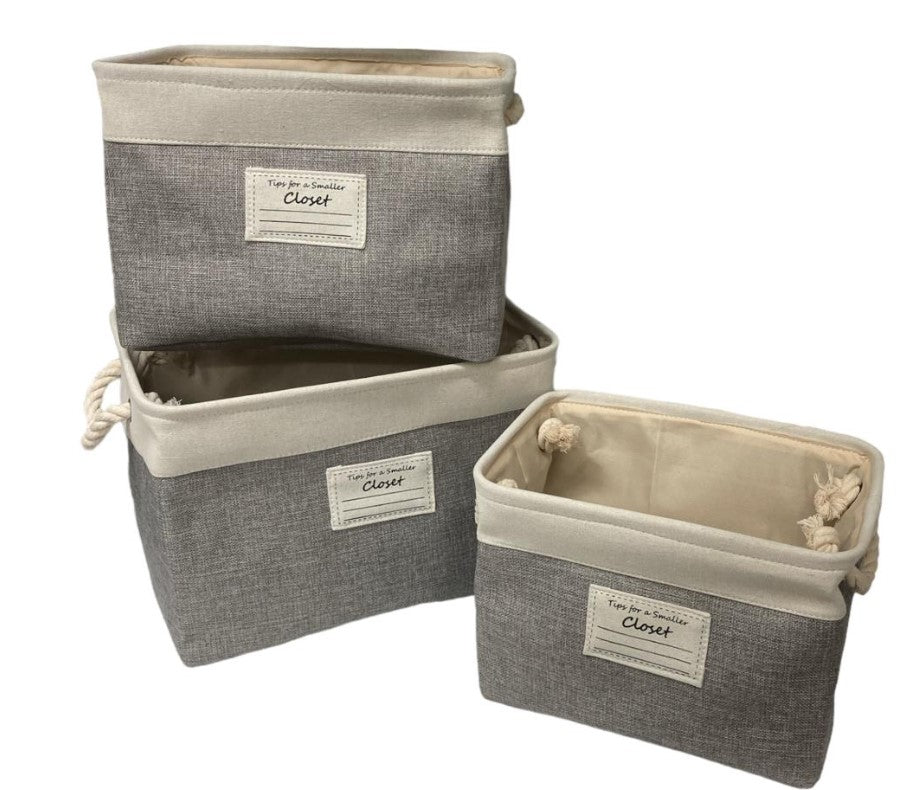 Set of 3 Large Deep Fabric Baskets with Rope Handles