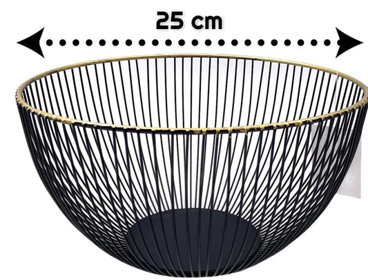 Tall Metal Fruit Basket Black Gold Rim