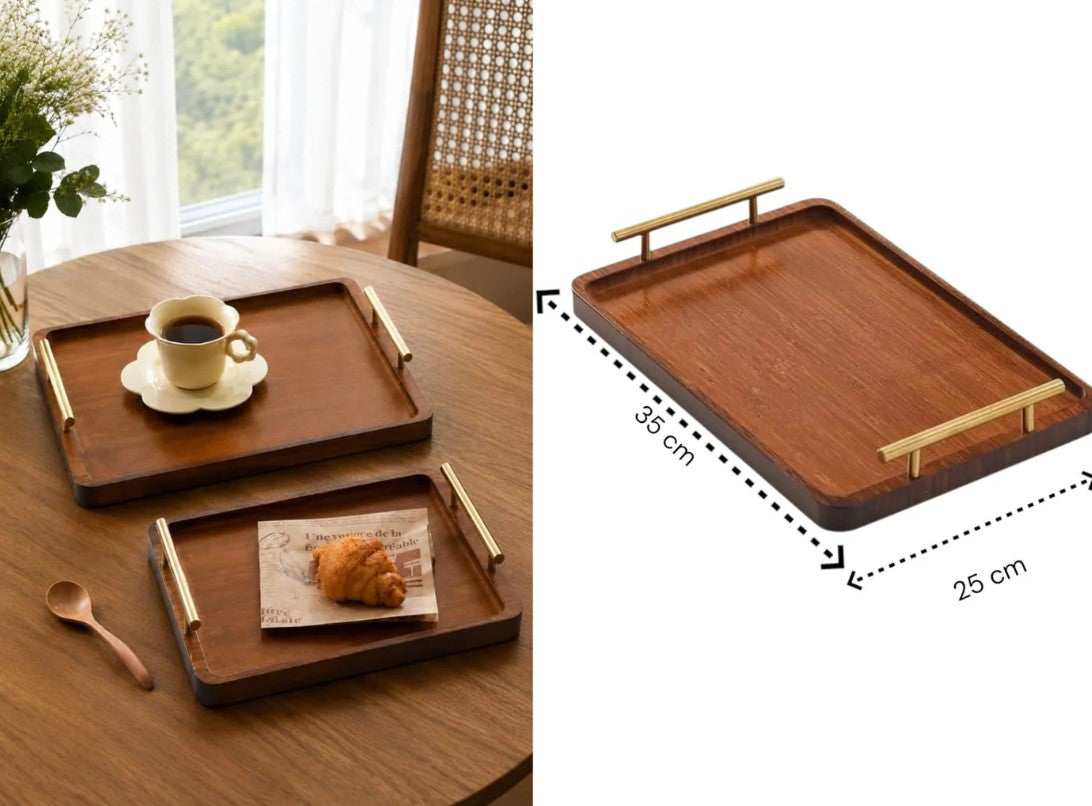 High Quality Medium Borwn Wooden Tray with Golden Handle