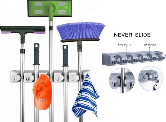 Wall Mounted Broom Holder 5 Slots 6 Hooks
