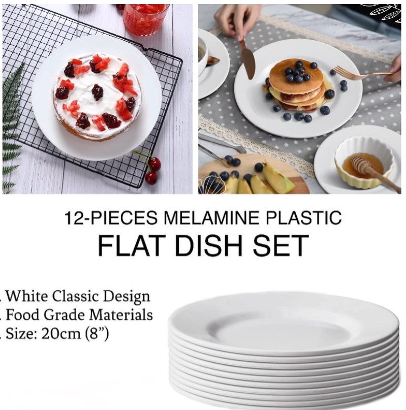 12-Pcs 8” Melamine Flat Dishes (White)