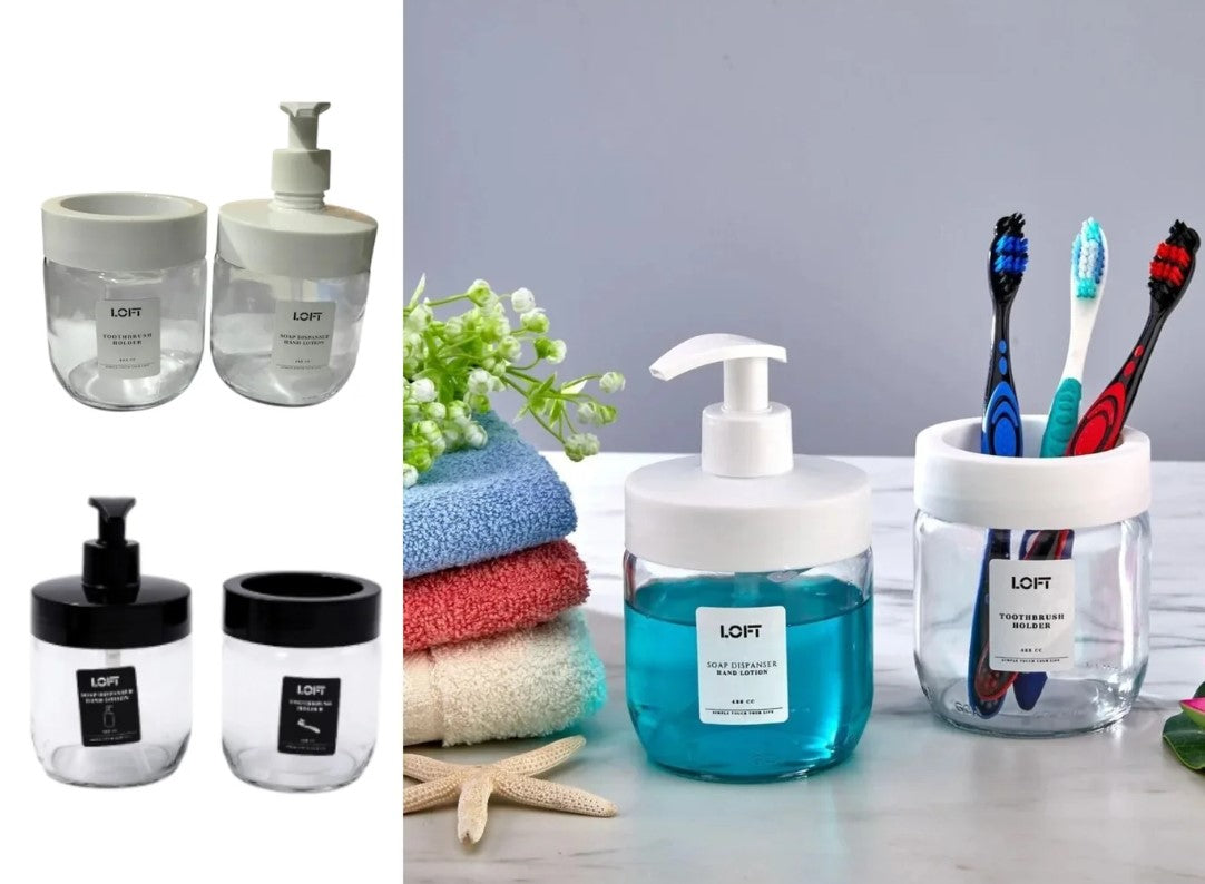 Glass Bathroom Soap Dispenser and Toothbrush Holder Set
