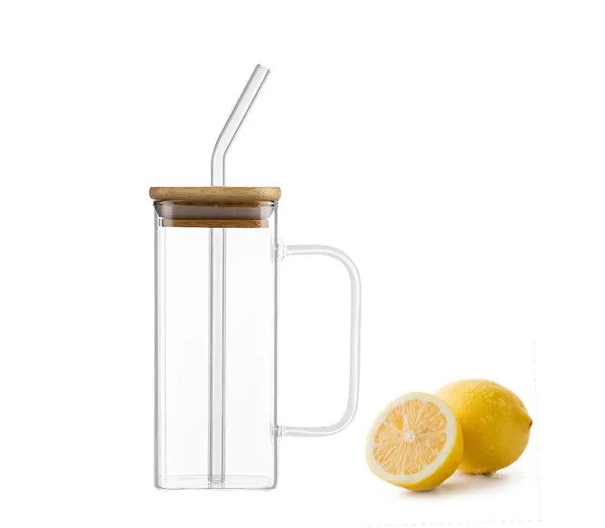 Square Smooth Clear Glass Drinking Mug with Bamboo Lid a